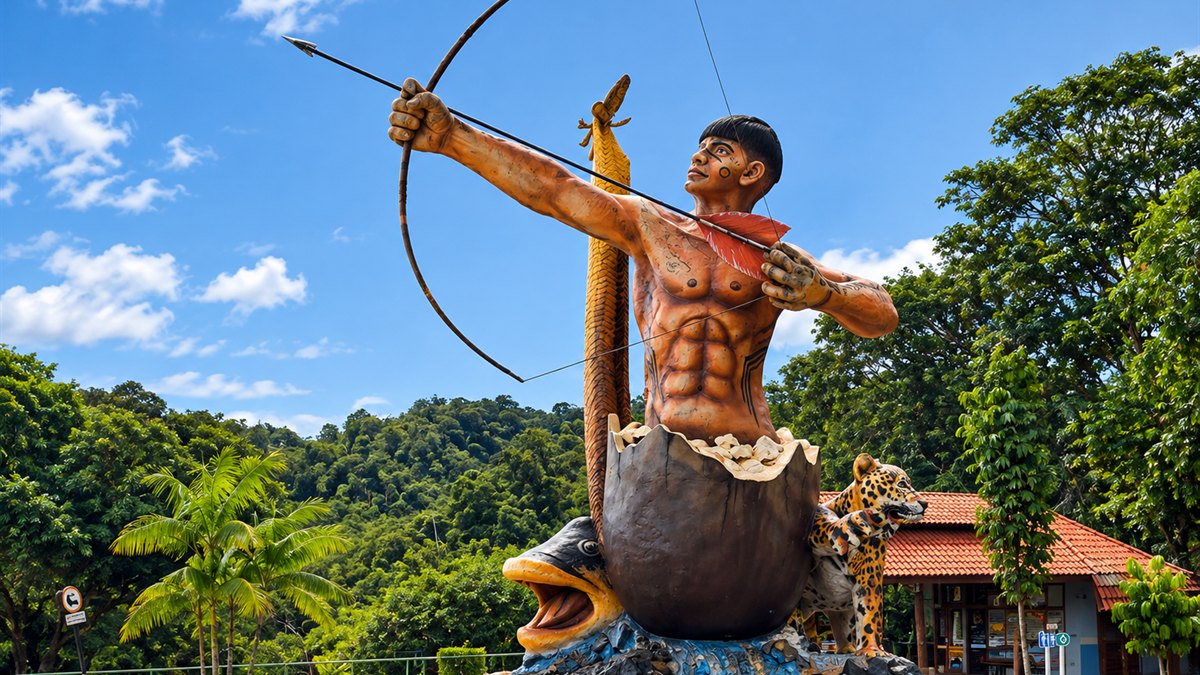 Monumento do arqueiro na entrada de Presidente Figueiredo, com a mata amazônica ao fundo